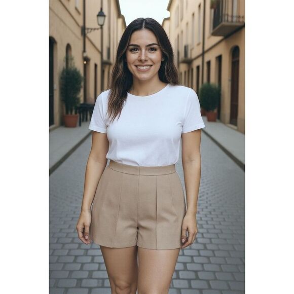 Zara Women's High Waisted Shorts Beige Size L Casual Skort Look - Picture 3 of 6